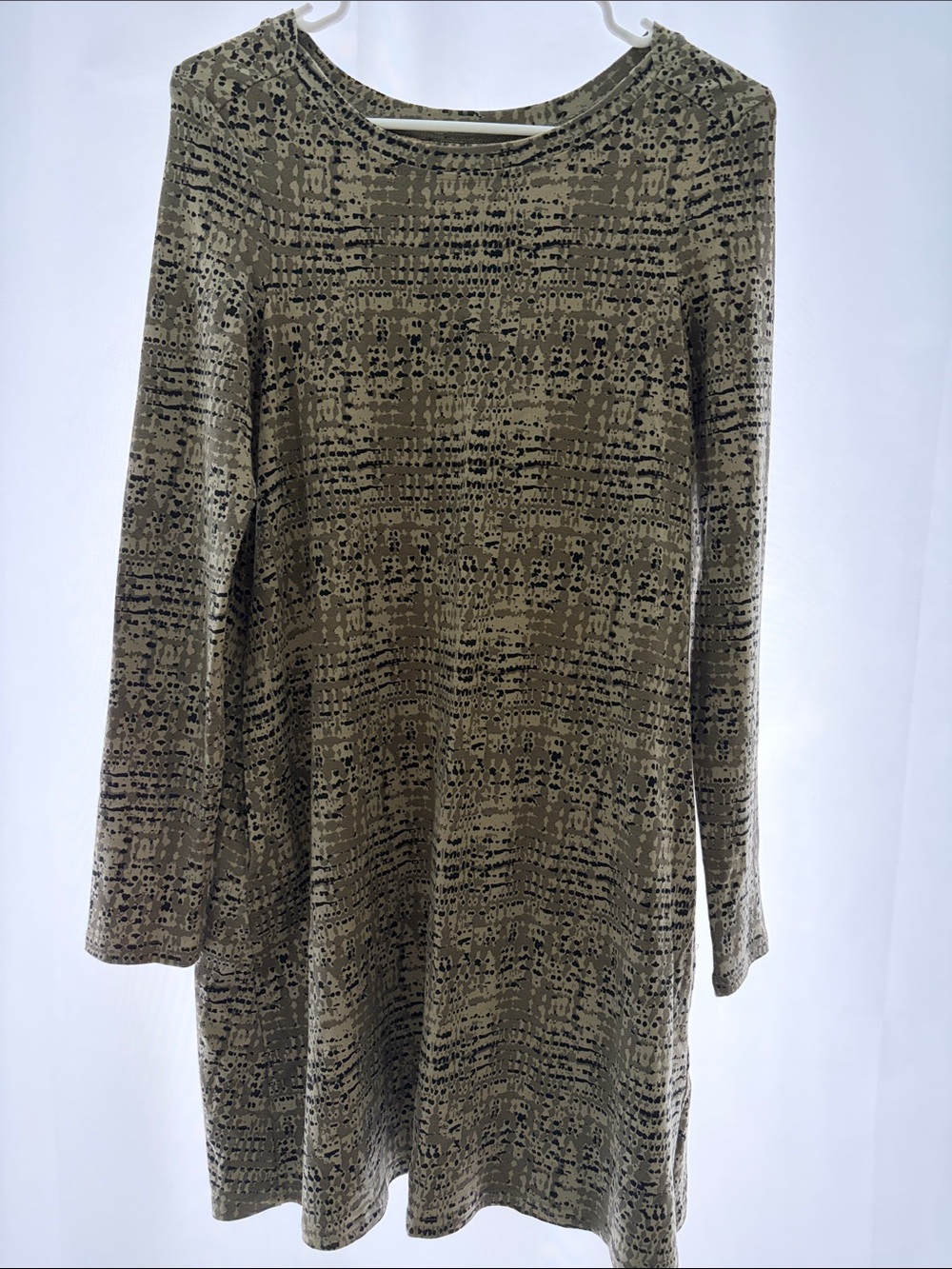 Olive Patterned Long-Sleeve A-Line Dress